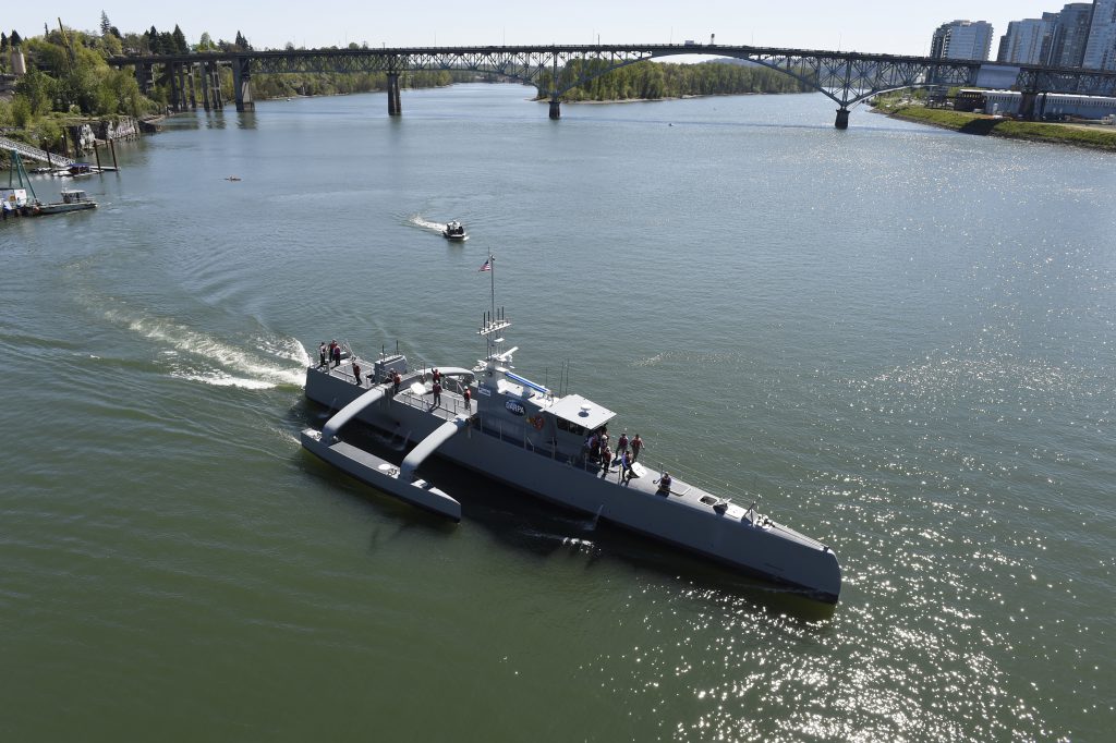 160407-N-PO203-598 
PORTLAND, Ore. (Apr. 7, 2016) Sea Hunter, an entirely new class of unmanned ocean-going vessel gets underway on the Williammette River following a christening ceremony in Portland, Ore. Part the of the Defense Advanced Research Projects Agency (DARPA)'s Anti-Submarine Warfare Continuous Trail Unmanned Vessel (ACTUV) program, in conjunction with the Office of Naval Research (ONR), is working to fully test the capabilities of the vessel and several innovative payloads, with the goal of transitioning the technology to Navy operational use once fully proven. (U.S. Navy photo by John F. Williams/Released)
