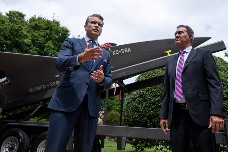 Secretary of Defense Pete Hegseth and USD(R&E) Emil Michael toured our "drone petting zoo" in the Pentagon courtyard today to see American-made prototypes that have been rapidly developed in 12-24 months. Mr. Alex Lovett of R&E's Mission Capabilities Office showcased low-cost, high-performance UAS platforms, including the XQ-58 Valkyrie, LUCAS, and Vanilla, highlighting their unique launch methods, payload versatility, and long-endurance capabilities.