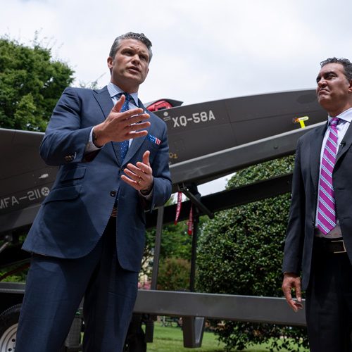 Secretary of Defense Pete Hegseth and USD(R&E) Emil Michael toured our "drone petting zoo" in the Pentagon courtyard today to see American-made prototypes that have been rapidly developed in 12-24 months. Mr. Alex Lovett of R&E's Mission Capabilities Office showcased low-cost, high-performance UAS platforms, including the XQ-58 Valkyrie, LUCAS, and Vanilla, highlighting their unique launch methods, payload versatility, and long-endurance capabilities.