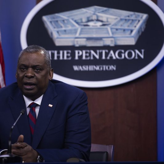 Secretary of Defense Lloyd J. Austin III provides remarks during a virtual meeting with the leadership of 26 different military and veteran service organizations the Pentagon, May 5, 2021 (DoD photo by Chad J. McNeeley)